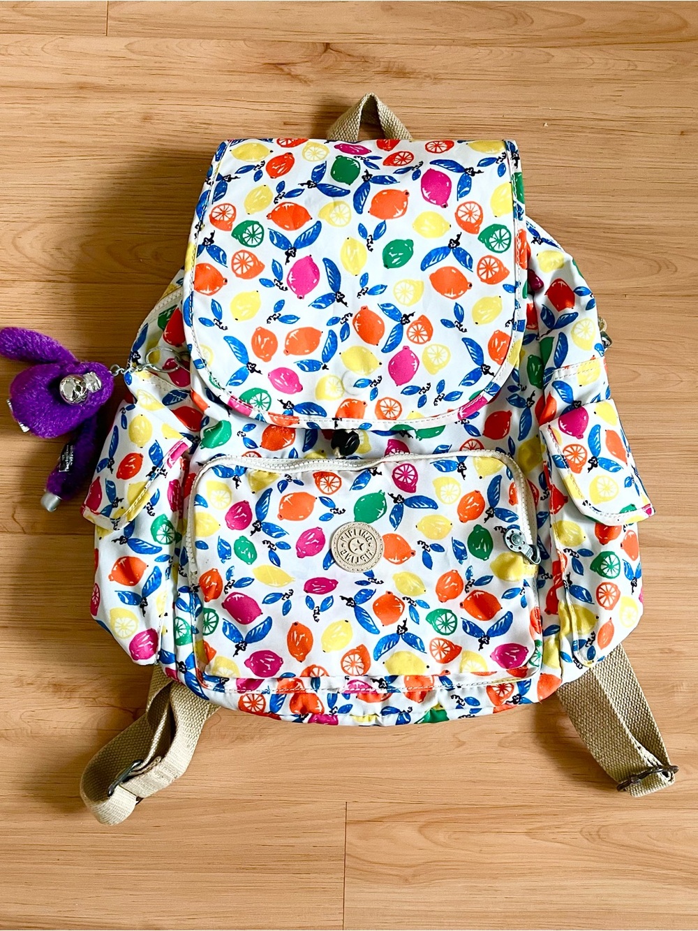 Kipling White Backpack with Multicolor Citrus Print
